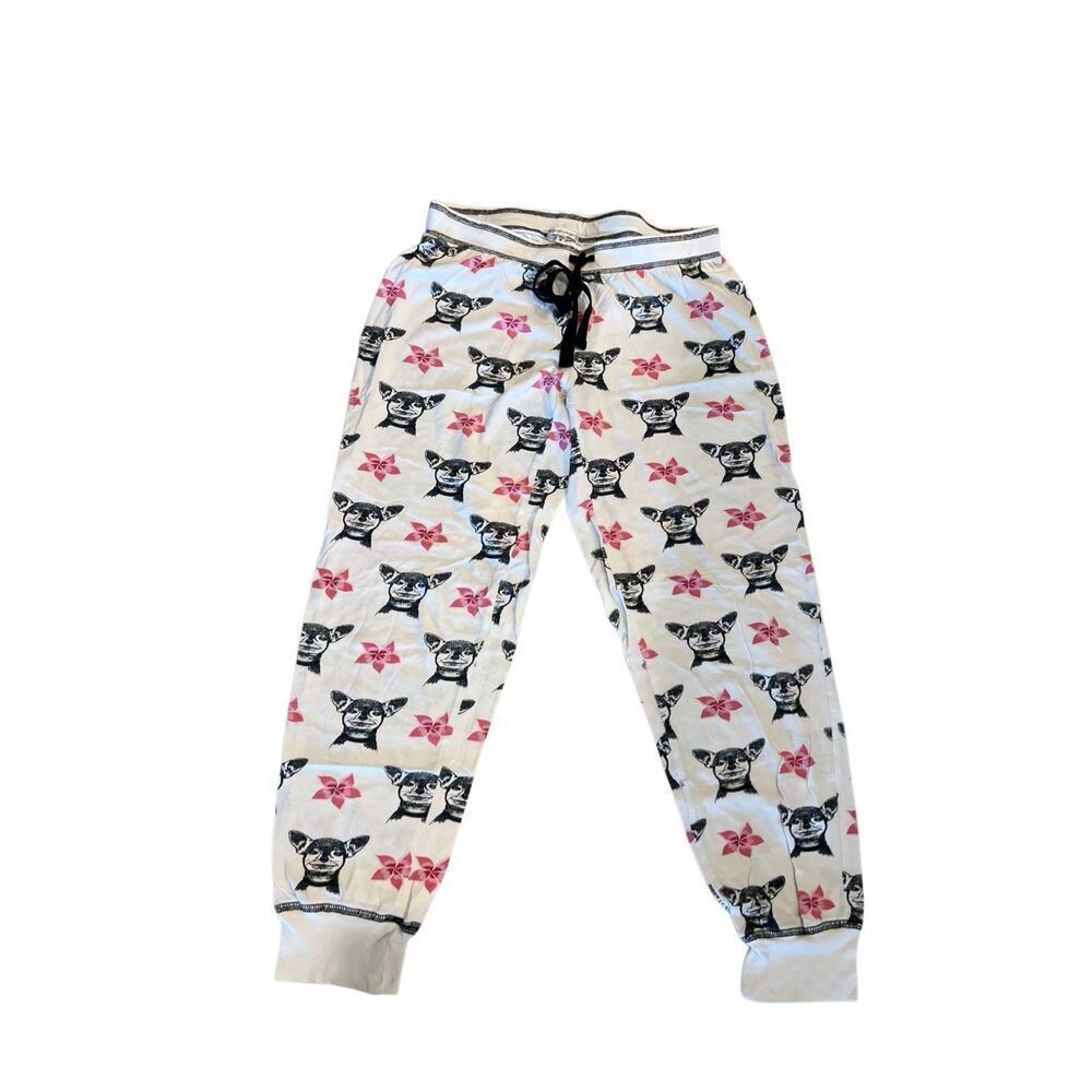 PJ Salvage Women's Drawstring Dog Floral Print   Pajama Pants White Black Small